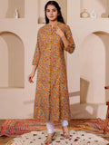 VASVI Women Cotton Kalamkari Printed Straight Kurta, Mustard