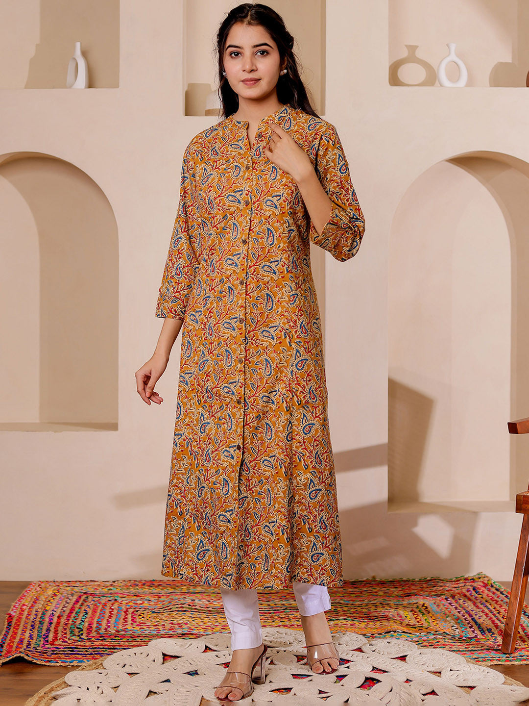 VASVI Women Cotton Kalamkari Printed Straight Kurta, Mustard
