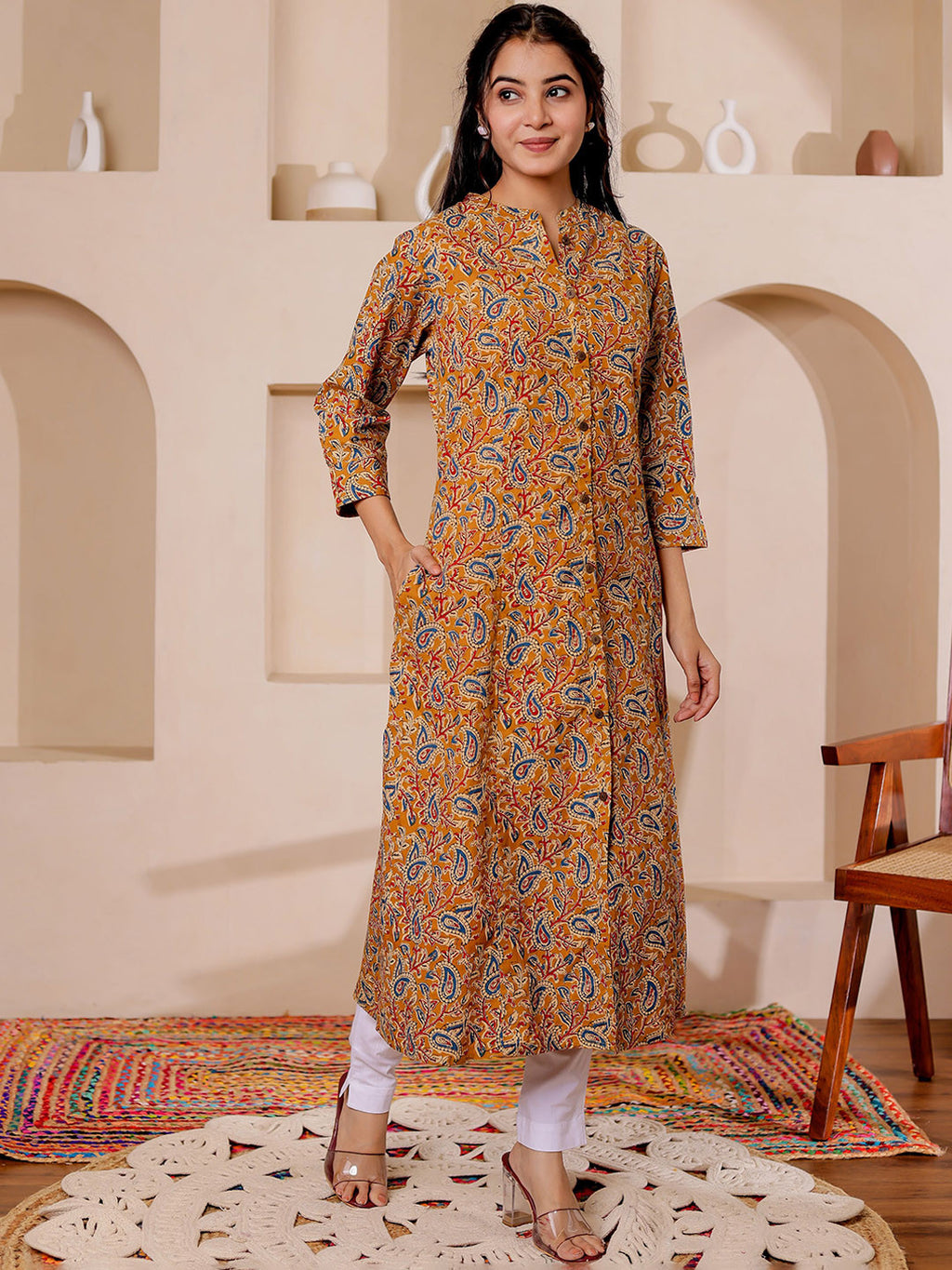 VASVI Women Cotton Kalamkari Printed Straight Kurta, Mustard