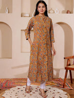 VASVI Women Cotton Kalamkari Printed Straight Kurta, Mustard
