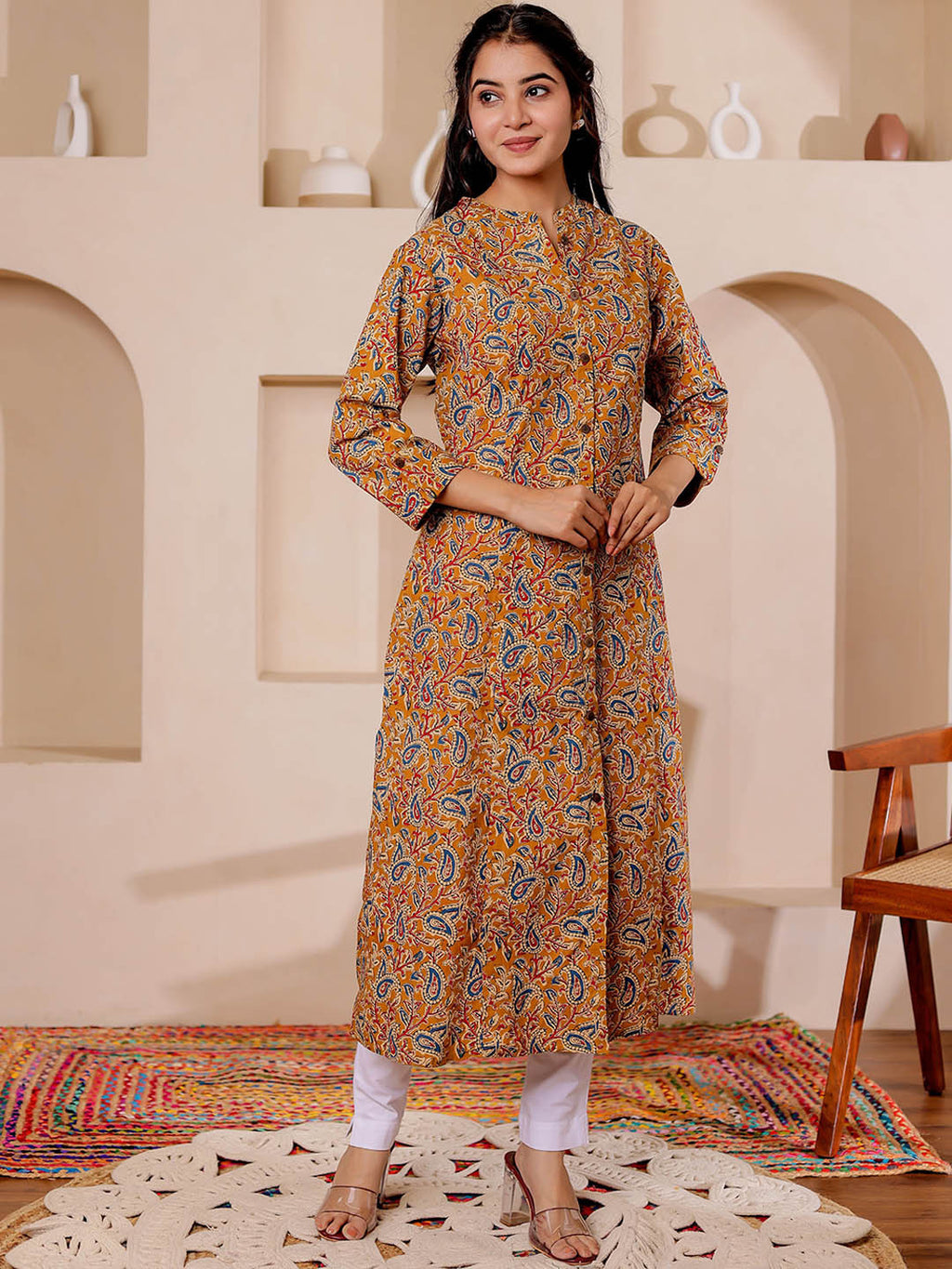 VASVI Women Cotton Kalamkari Printed Straight Kurta, Mustard