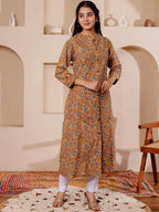 VASVI Women Cotton Kalamkari Printed Straight Kurta, Mustard