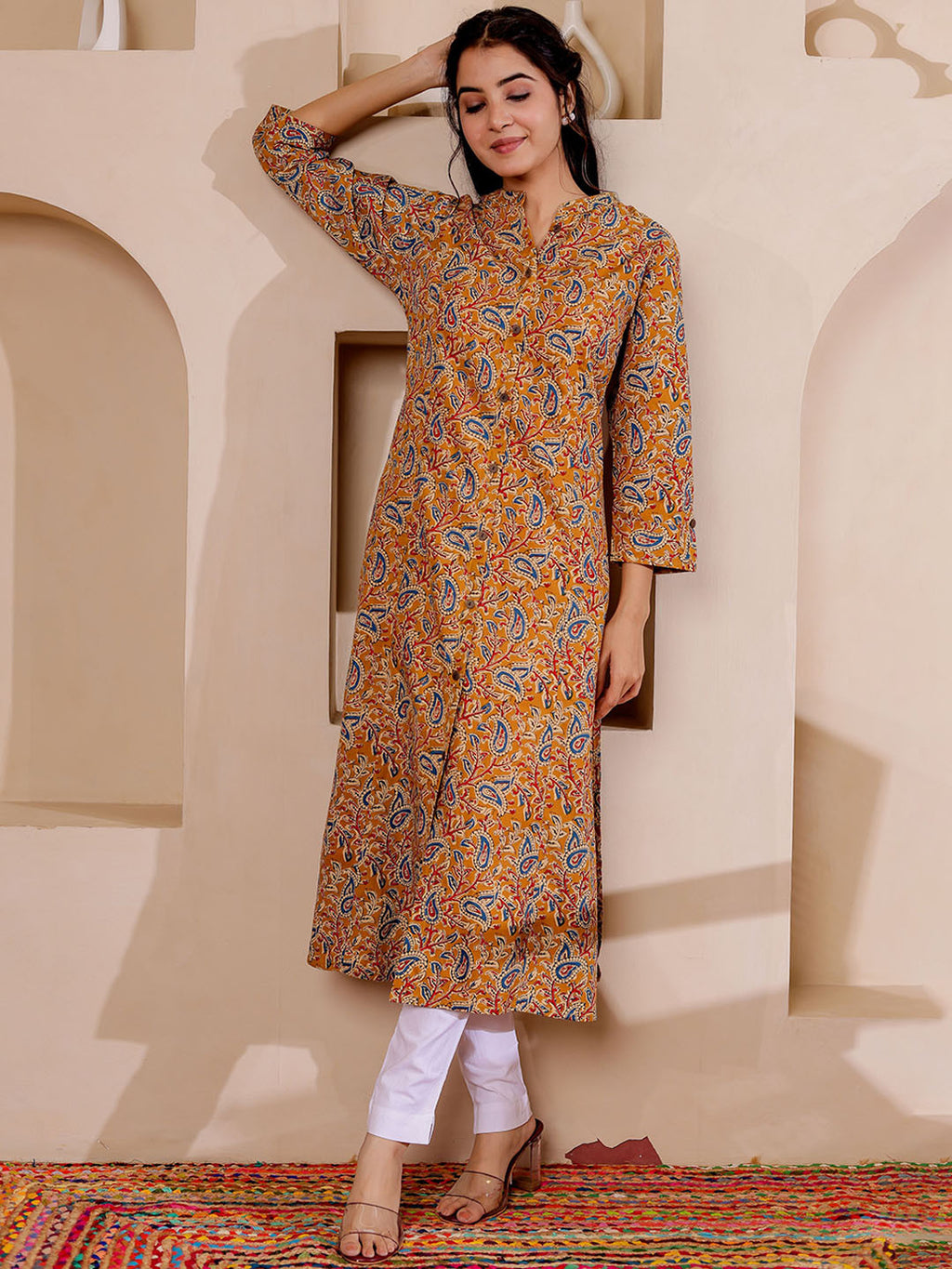 VASVI Women Cotton Kalamkari Printed Straight Kurta, Mustard