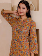 VASVI Women Cotton Kalamkari Printed Straight Kurta, Mustard