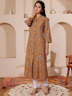 VASVI Women Cotton Kalamkari Printed Straight Kurta, Mustard
