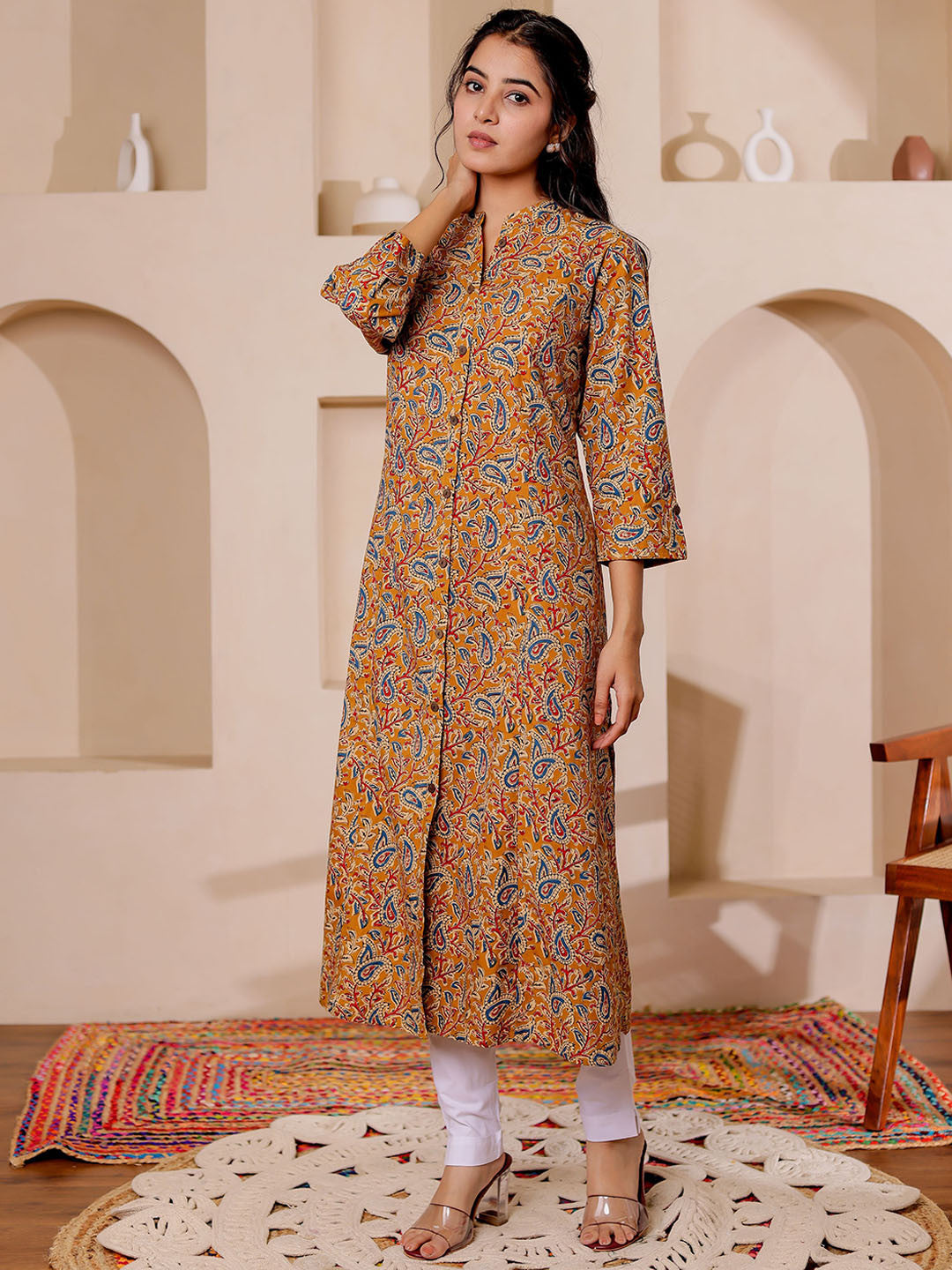 VASVI Women Cotton Kalamkari Printed Straight Kurta, Mustard