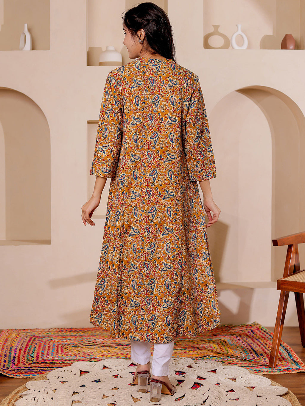 VASVI Women Cotton Kalamkari Printed Straight Kurta, Mustard