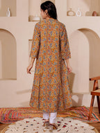 VASVI Women Cotton Kalamkari Printed Straight Kurta, Mustard