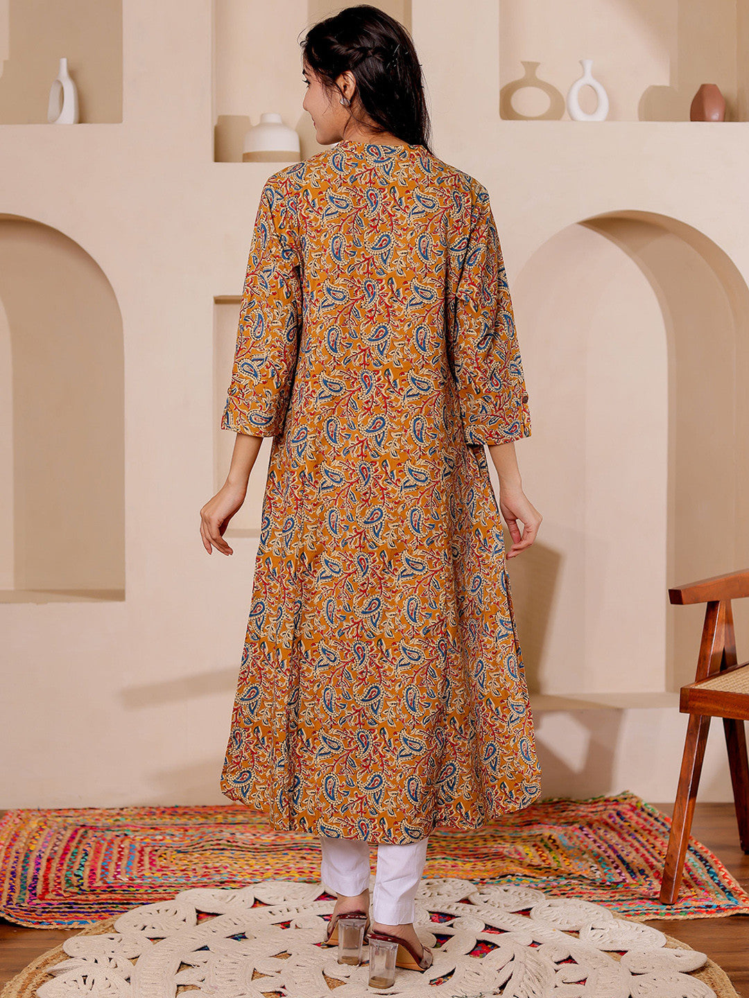 VASVI Women Cotton Kalamkari Printed Straight Kurta, Mustard