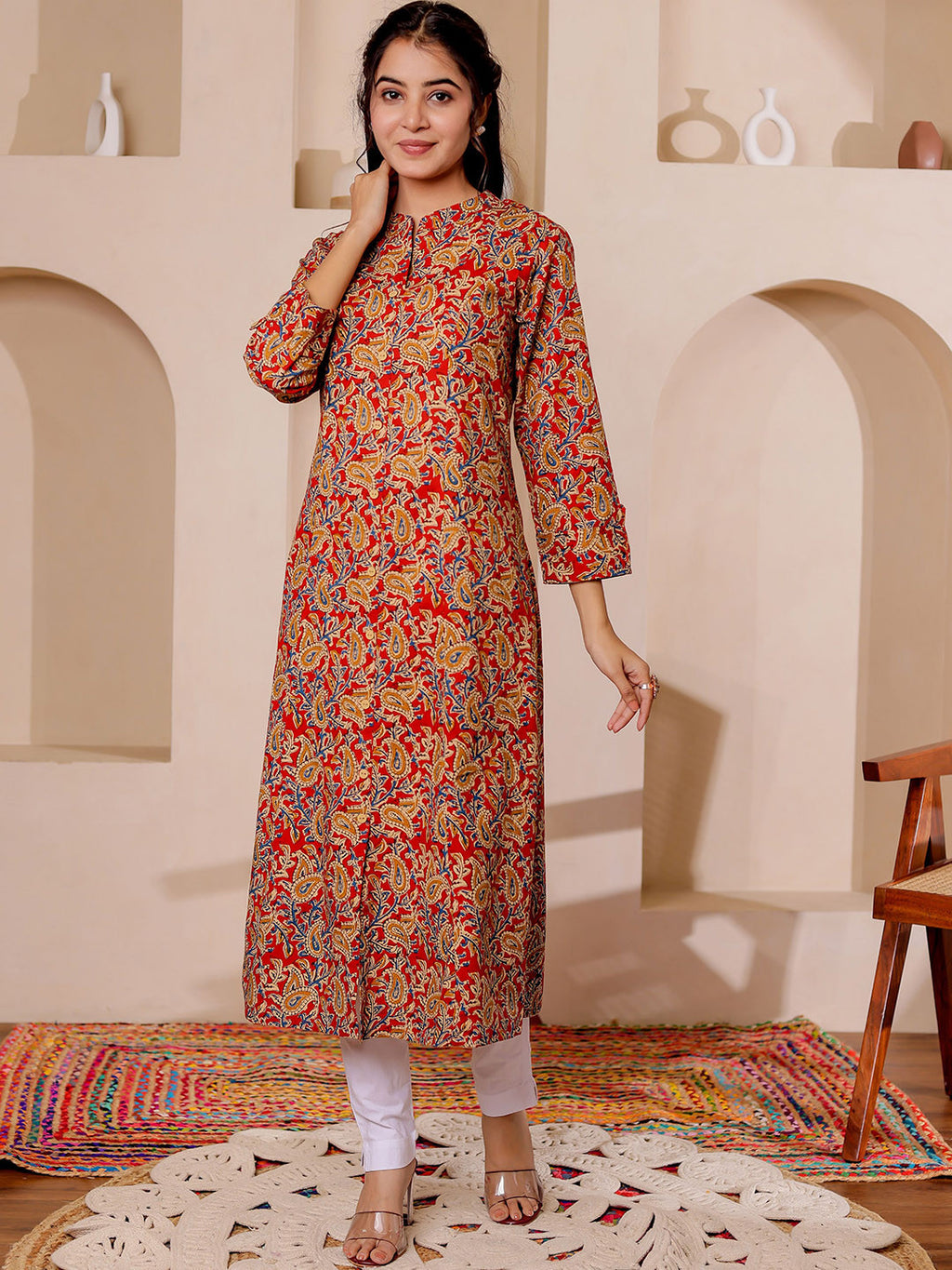 VASVI Women Cotton Kalamkari Printed Straight Kurta, Red