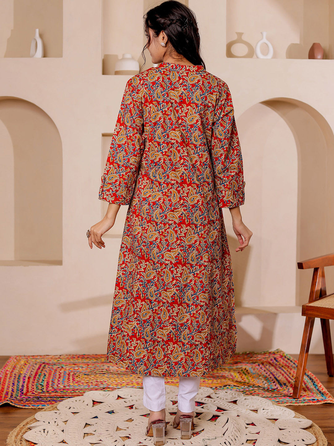 VASVI Women Cotton Kalamkari Printed Straight Kurta, Red