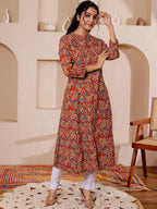 VASVI Women Cotton Kalamkari Printed Straight Kurta, Red