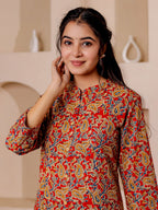VASVI Women Cotton Kalamkari Printed Straight Kurta, Red
