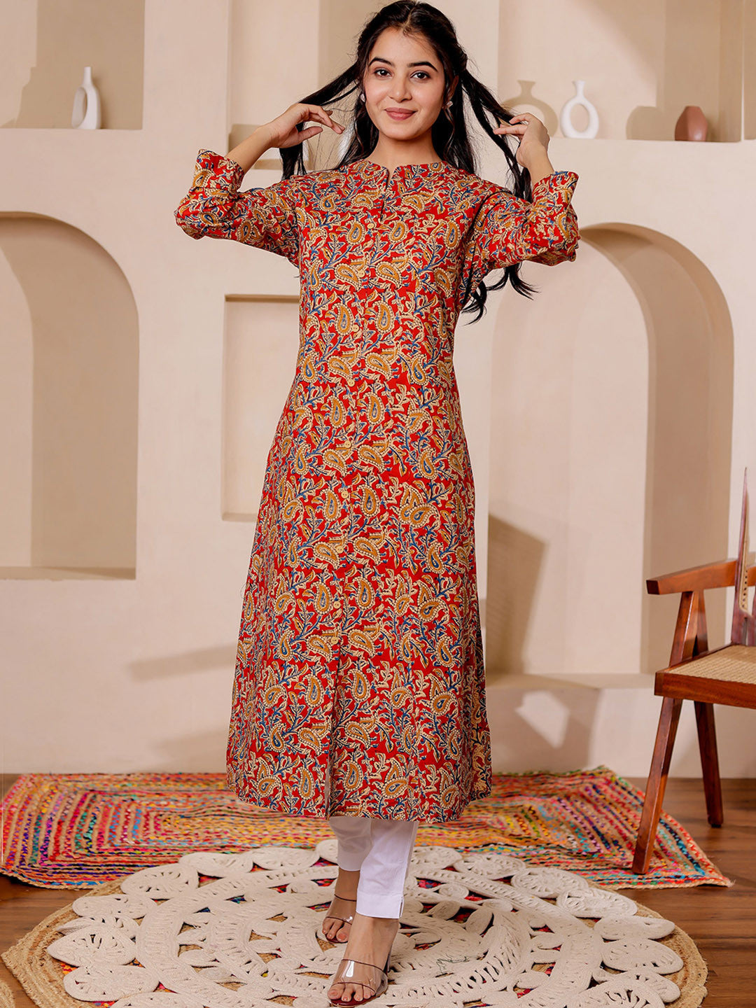 VASVI Women Cotton Kalamkari Printed Straight Kurta, Red