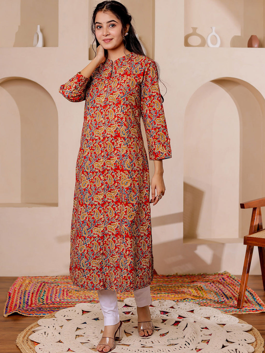 VASVI Women Cotton Kalamkari Printed Straight Kurta, Red