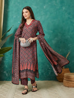 VASVI Muslin Printed Adda Work Kurta Pant with Dupatta, Red