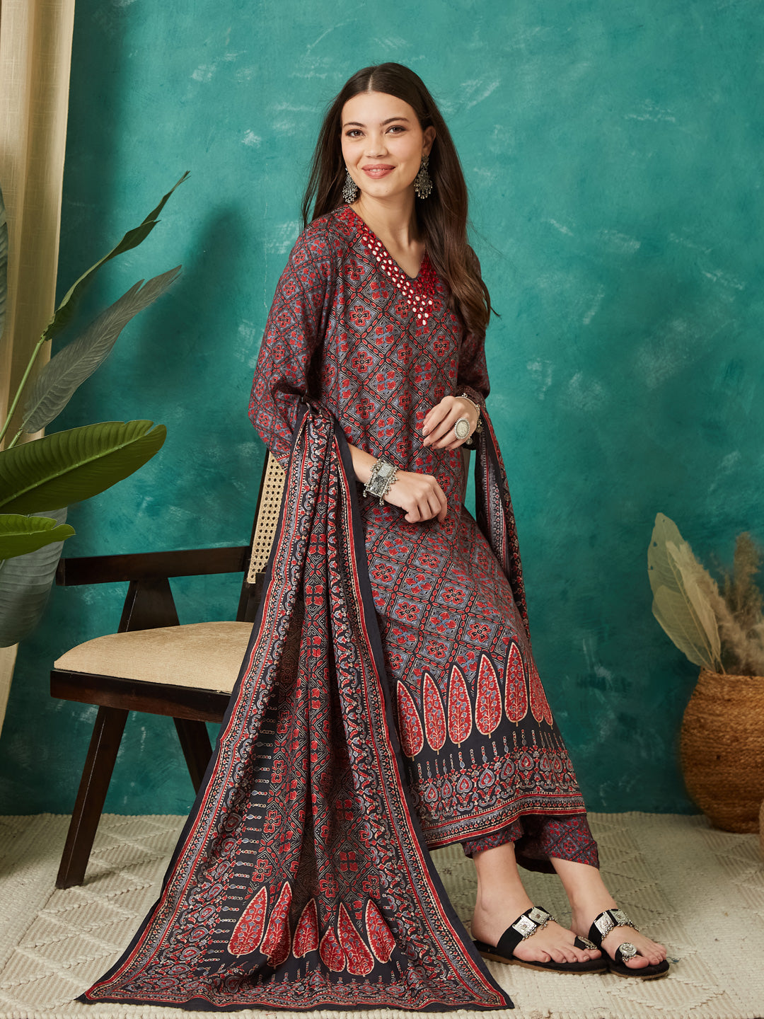 VASVI Muslin Printed Adda Work Kurta Pant with Dupatta, Red