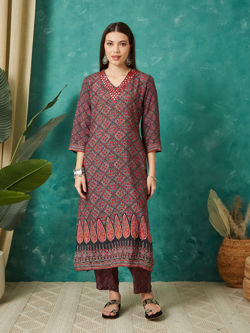 VASVI Muslin Printed Adda Work Kurta Pant with Dupatta, Red
