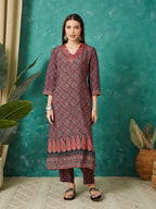 VASVI Muslin Printed Adda Work Kurta Pant with Dupatta, Red