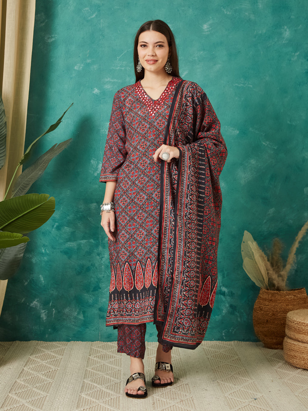 VASVI Muslin Printed Adda Work Kurta Pant with Dupatta, Red