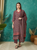 VASVI Muslin Printed Adda Work Kurta Pant with Dupatta, Red