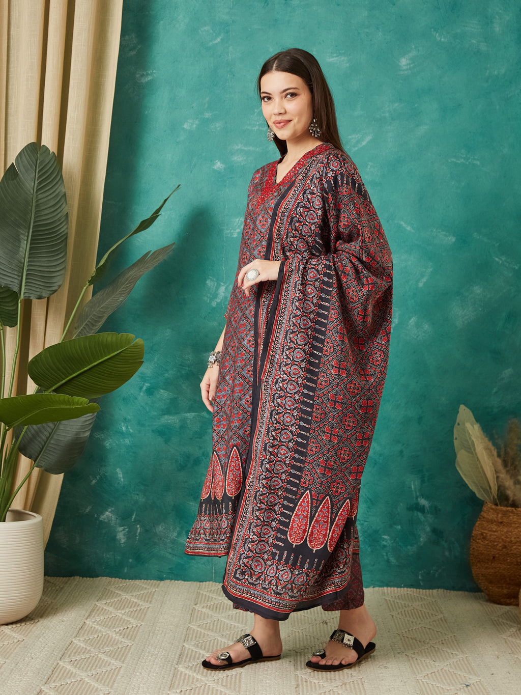 VASVI Muslin Printed Adda Work Kurta Pant with Dupatta, Red