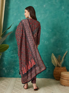 VASVI Muslin Printed Adda Work Kurta Pant with Dupatta, Red
