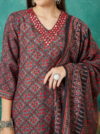 VASVI Muslin Printed Adda Work Kurta Pant with Dupatta, Red