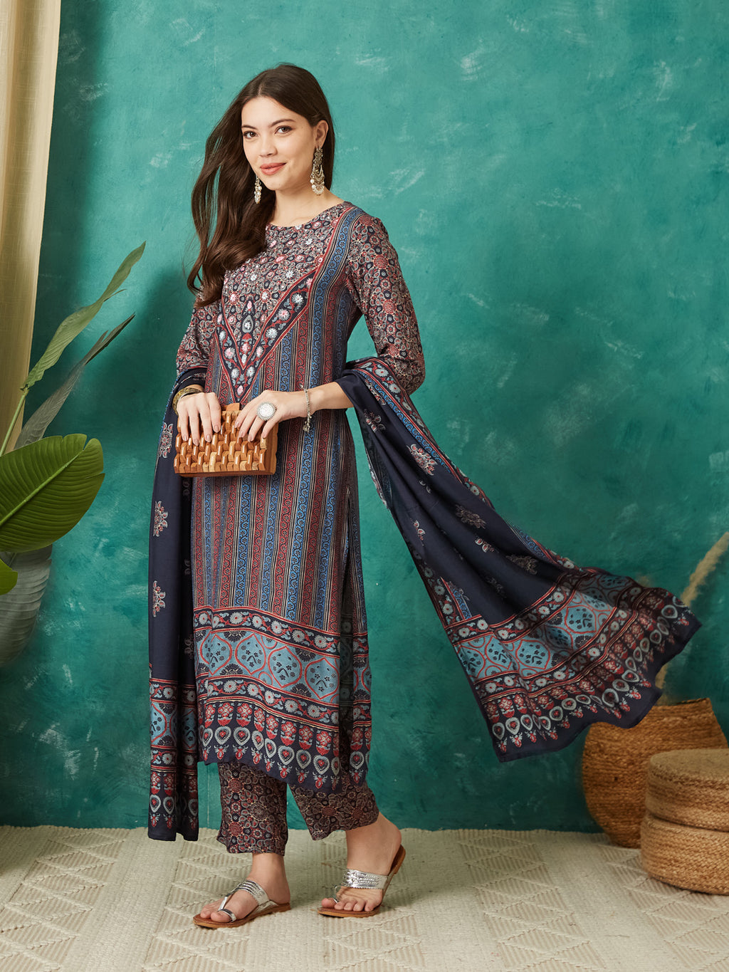 VASVI Muslin Printed Adda Work Straight Kurta Pant with Dupatta, Blue