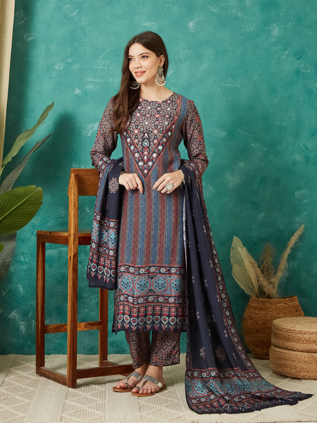 VASVI Muslin Printed Adda Work Straight Kurta Pant with Dupatta, Blue