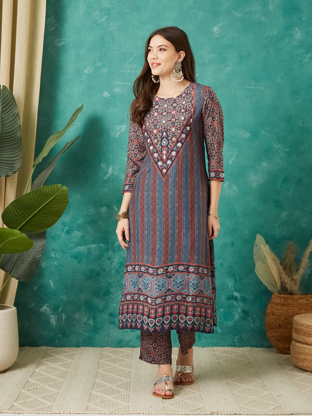 VASVI Muslin Printed Adda Work Straight Kurta Pant with Dupatta, Blue