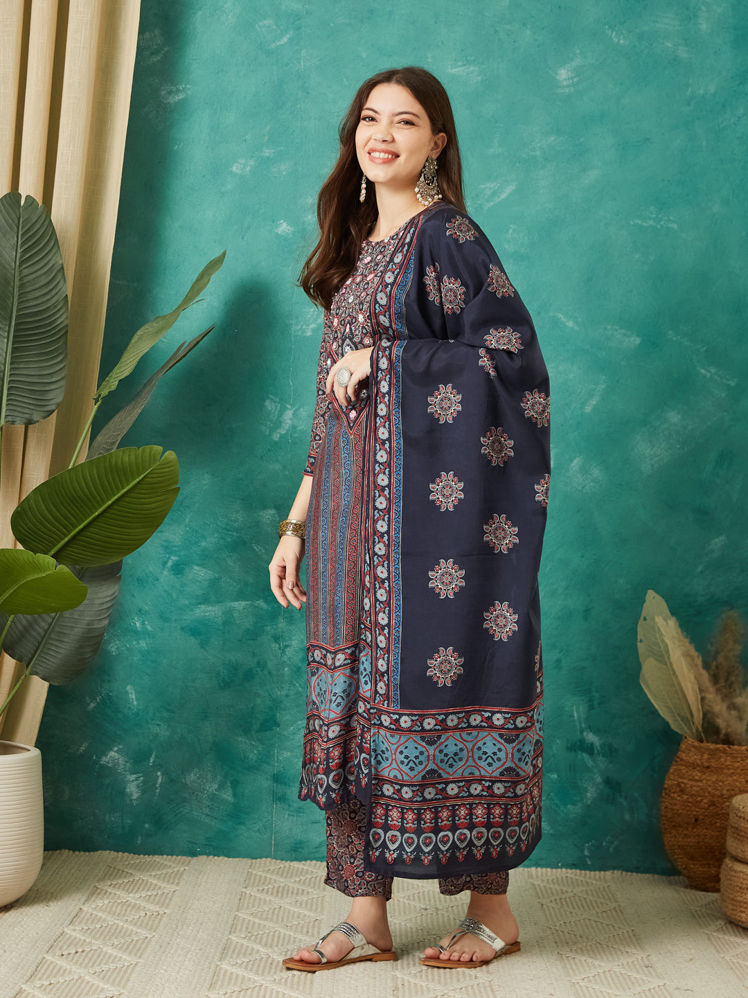 VASVI Muslin Printed Adda Work Straight Kurta Pant with Dupatta, Blue