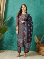 VASVI Muslin Printed Adda Work Straight Kurta Pant with Dupatta, Blue