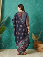 VASVI Muslin Printed Adda Work Straight Kurta Pant with Dupatta, Blue