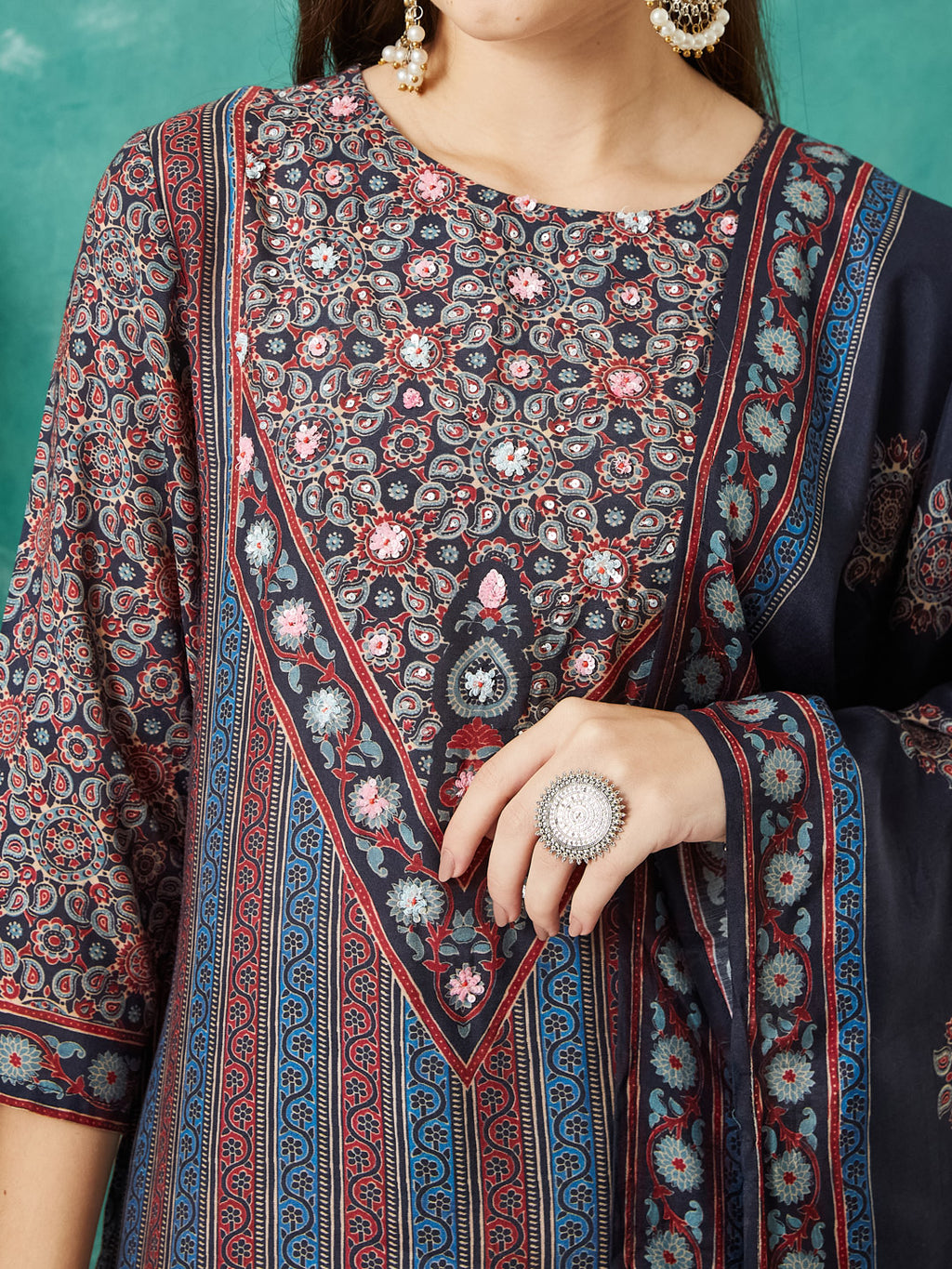 VASVI Muslin Printed Adda Work Straight Kurta Pant with Dupatta, Blue