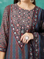 VASVI Muslin Printed Adda Work Straight Kurta Pant with Dupatta, Blue