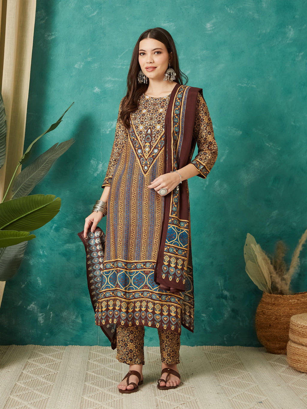 VASVI Muslin Printed Adda Work Straight Kurta Pant with Dupatta, Brown