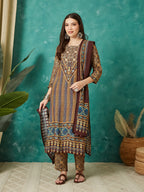 VASVI Muslin Printed Adda Work Straight Kurta Pant with Dupatta, Brown