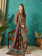 VASVI Muslin Printed Adda Work Straight Kurta Pant with Dupatta, Brown