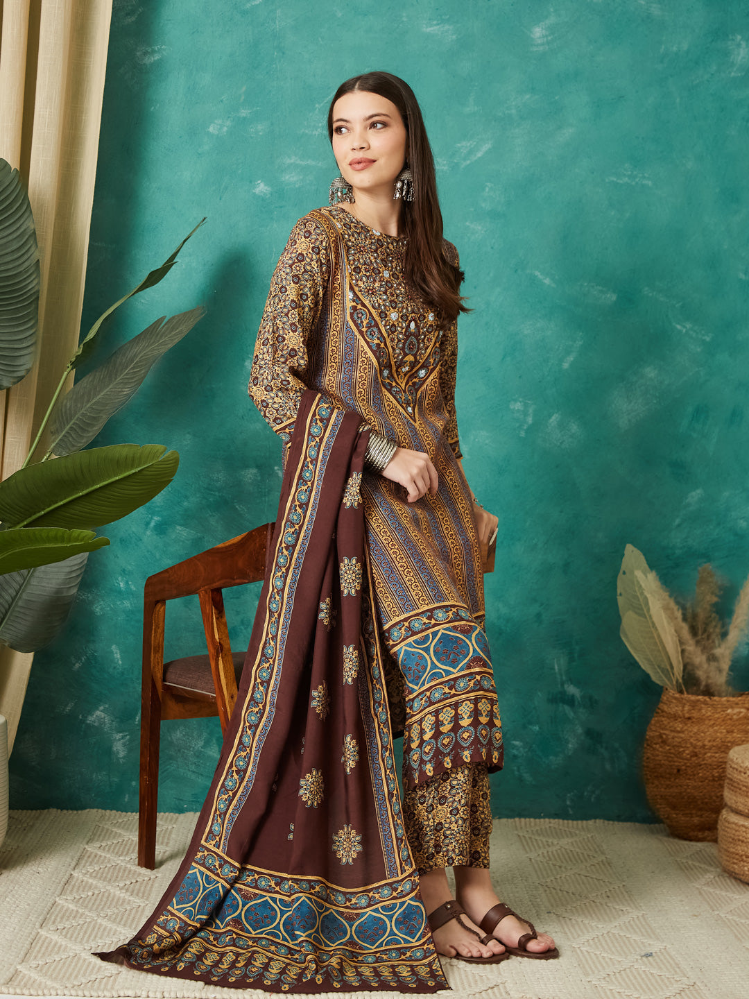 VASVI Muslin Printed Adda Work Straight Kurta Pant with Dupatta, Brown