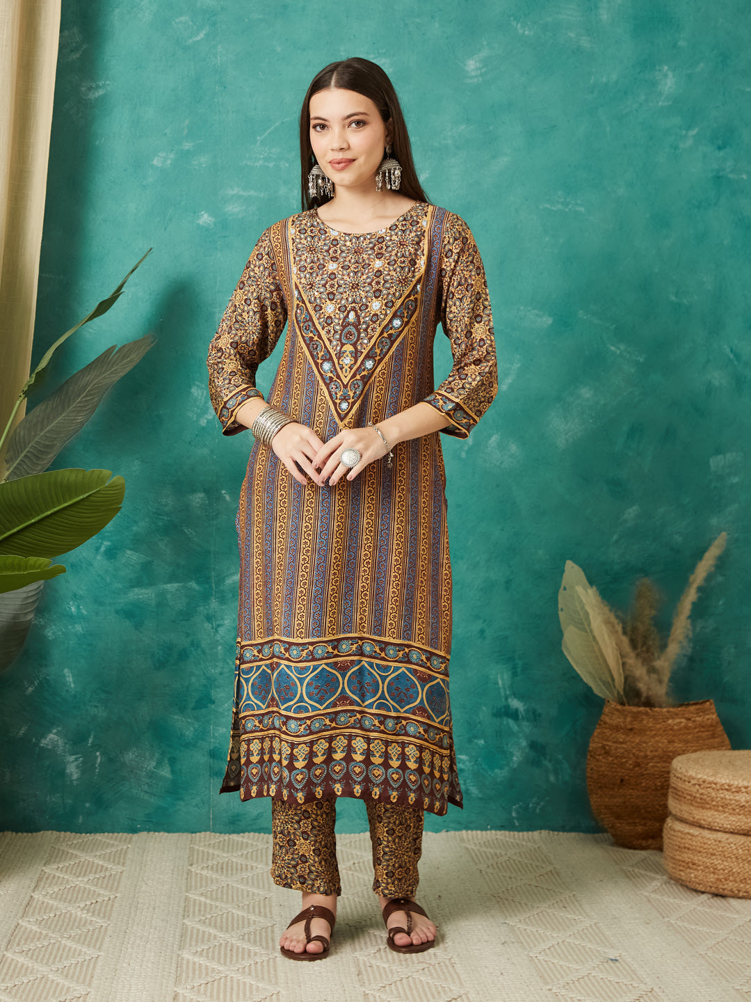 VASVI Muslin Printed Adda Work Straight Kurta Pant with Dupatta, Brown