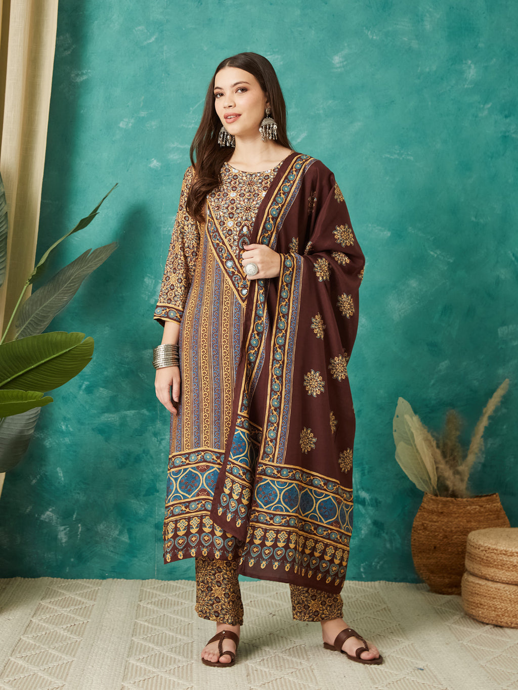 VASVI Muslin Printed Adda Work Straight Kurta Pant with Dupatta, Brown