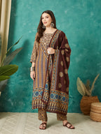 VASVI Muslin Printed Adda Work Straight Kurta Pant with Dupatta, Brown