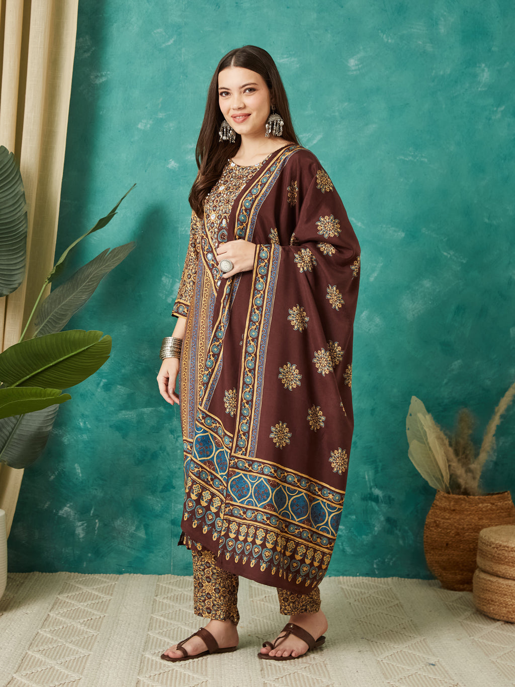 VASVI Muslin Printed Adda Work Straight Kurta Pant with Dupatta, Brown