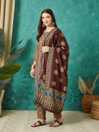 VASVI Muslin Printed Adda Work Straight Kurta Pant with Dupatta, Brown