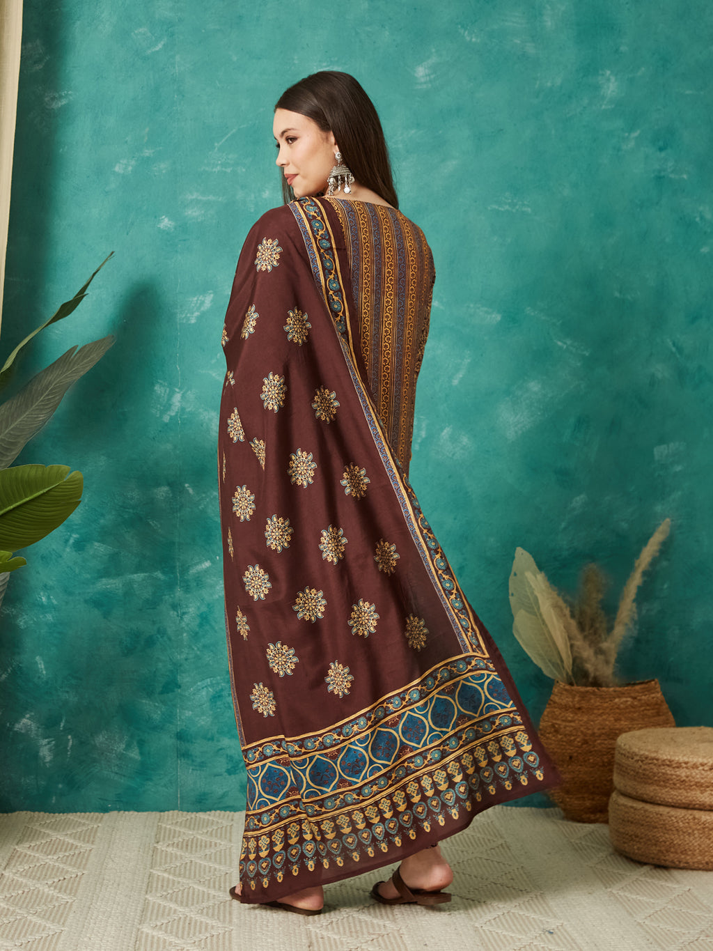 VASVI Muslin Printed Adda Work Straight Kurta Pant with Dupatta, Brown