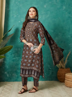 VASVI Muslin Printed Adda Work Straight Kurta Pant with Dupatta, Brown