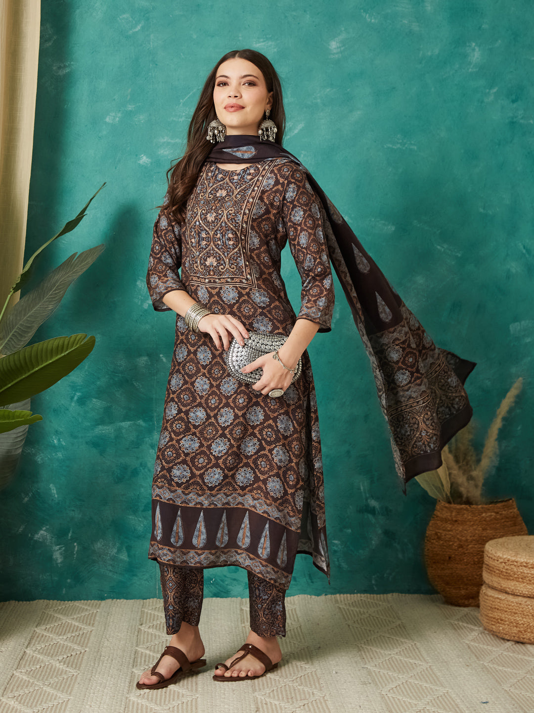 VASVI Muslin Printed Adda Work Straight Kurta Pant with Dupatta, Brown