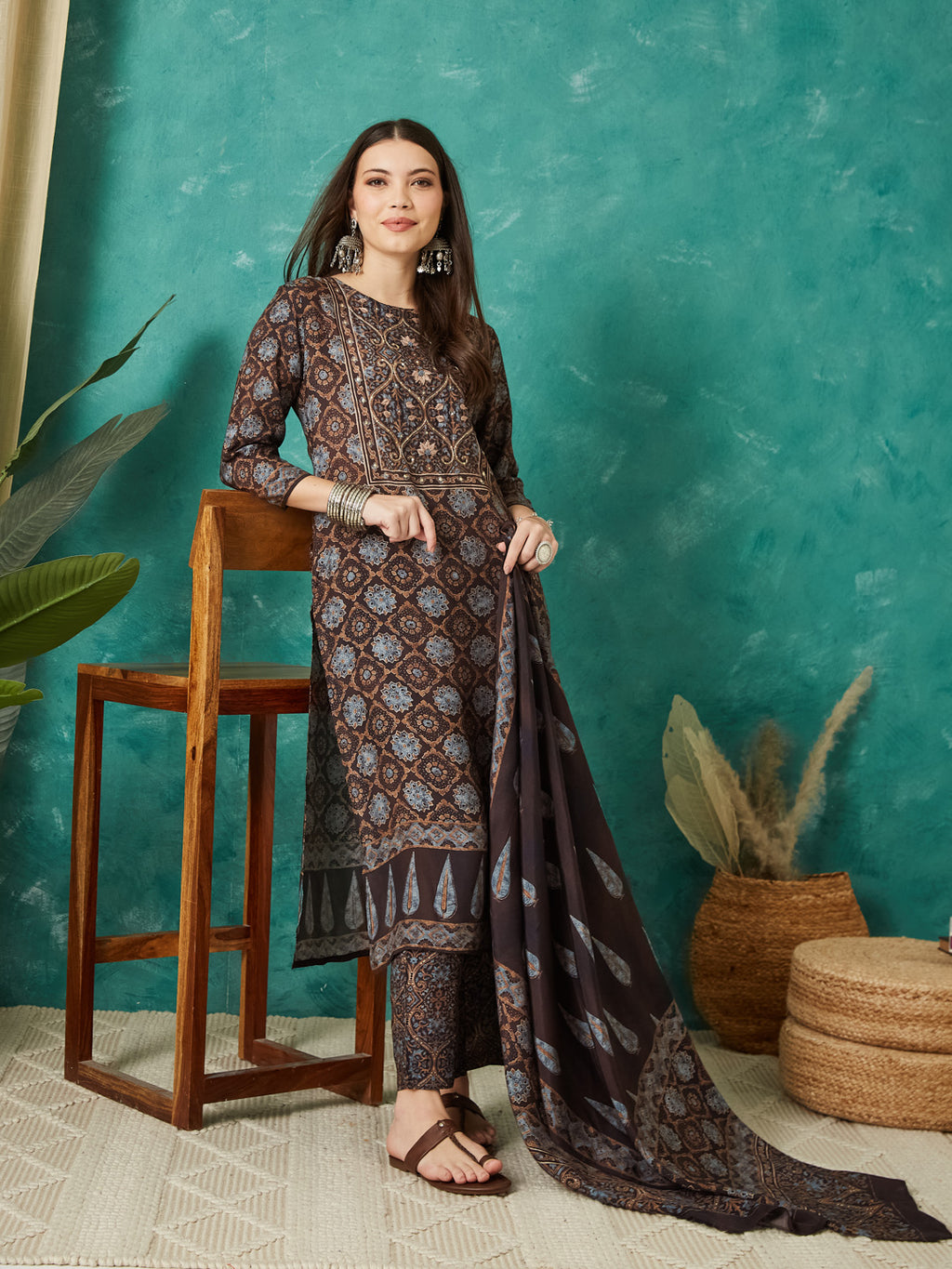 VASVI Muslin Printed Adda Work Straight Kurta Pant with Dupatta, Brown