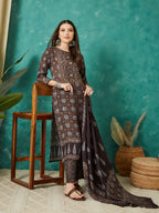 VASVI Muslin Printed Adda Work Straight Kurta Pant with Dupatta, Brown